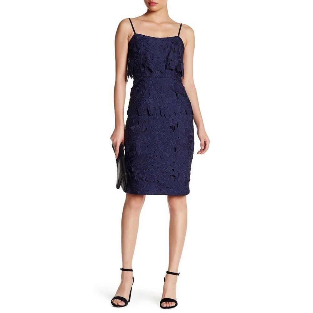 $390 Black Halo Navy Blue Embroidered Lace Popover Ora Sheath Dress 2 NWT
